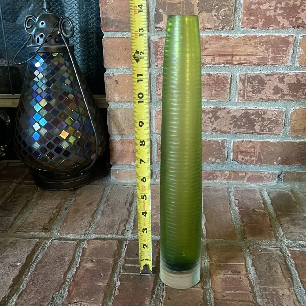 Art Glass Green Ribbed Tall Skinny Vase